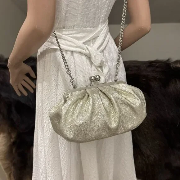 Silver Glitter Sheepskin Handmade Kisslock Slouchy Clutch/Wristlet/Crossbody